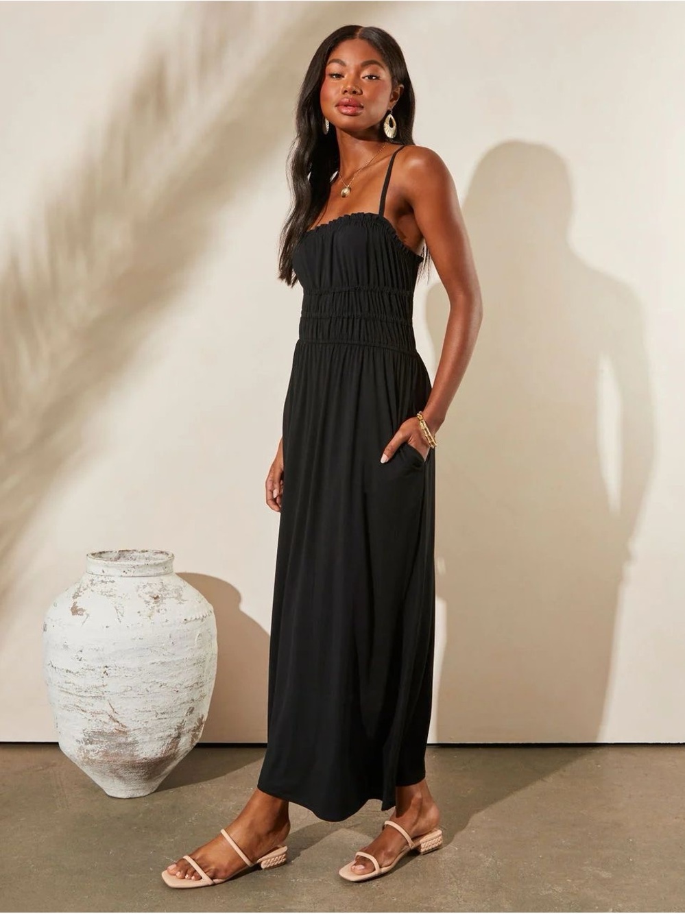 Vici Black Smocked Maxi Dress with Spaghetti Straps
